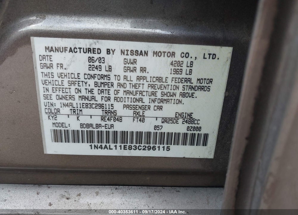 2003 NISSAN ALTIMA 2.5 S VIN: 1N4AL11E83C296115