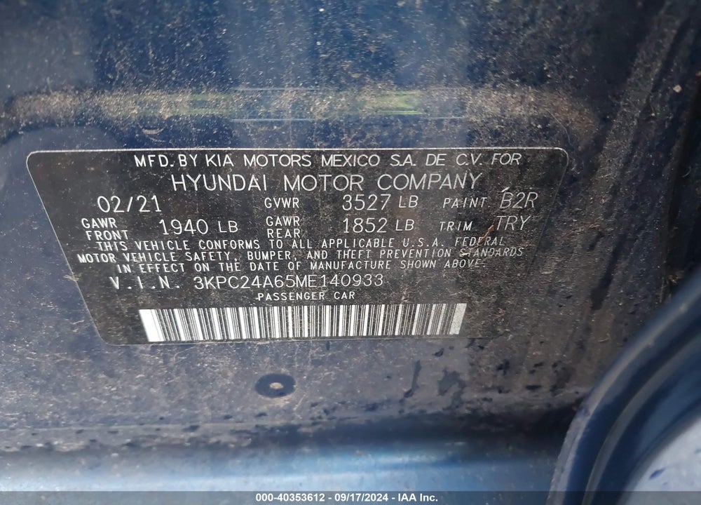 2021 HYUNDAI ACCENT SE VIN: 3KPC24A65ME140933
