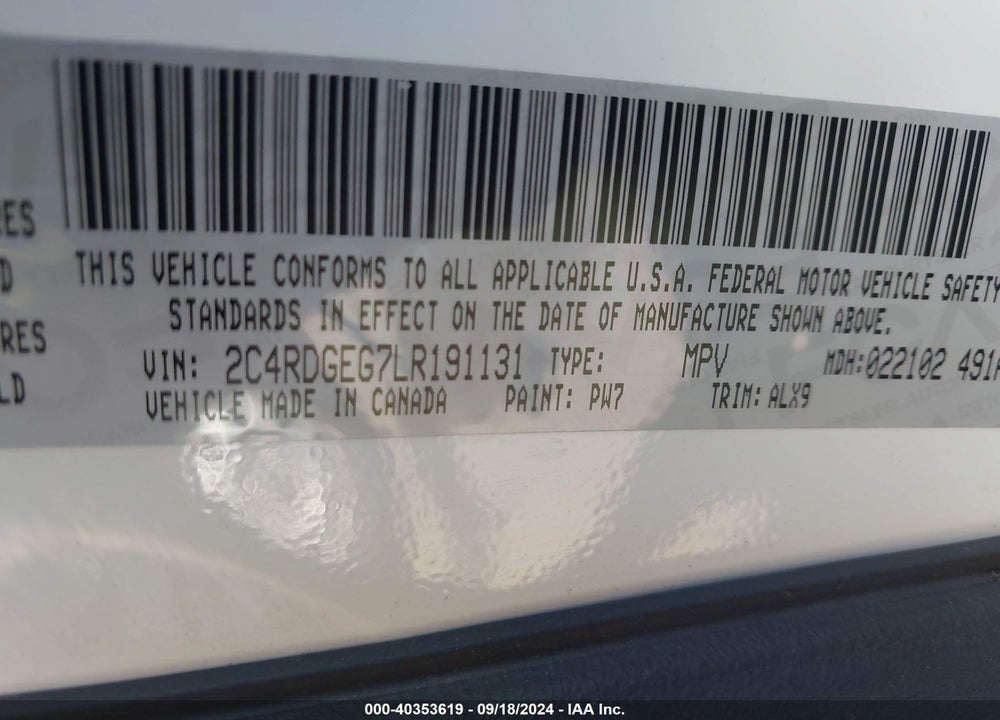 2020 DODGE GRAND CARAVAN GT VIN: 2C4RDGEG7LR191131