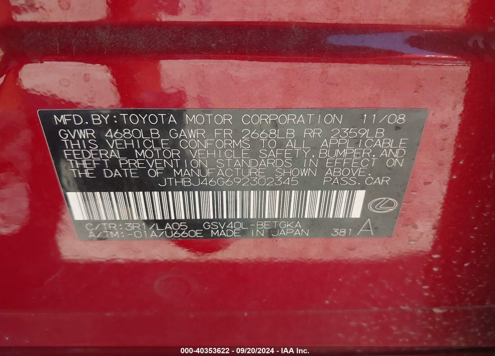 2009 LEXUS ES 350 VIN: JTHBJ46G692302345