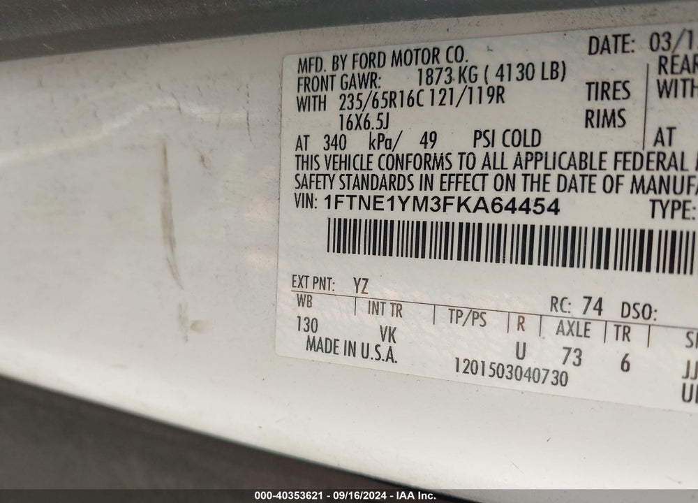 2015 FORD TRANSIT-150 VIN: 1FTNE1YM3FKA64454