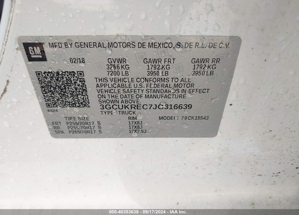 2018 CHEVROLET SILVERADO 1500 1LT VIN: 3GCUKREC7JG316639