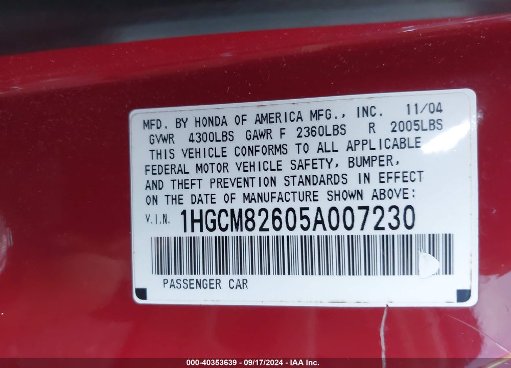 2005 HONDA ACCORD 3.0 EX VIN: 1HGCM82605A007230
