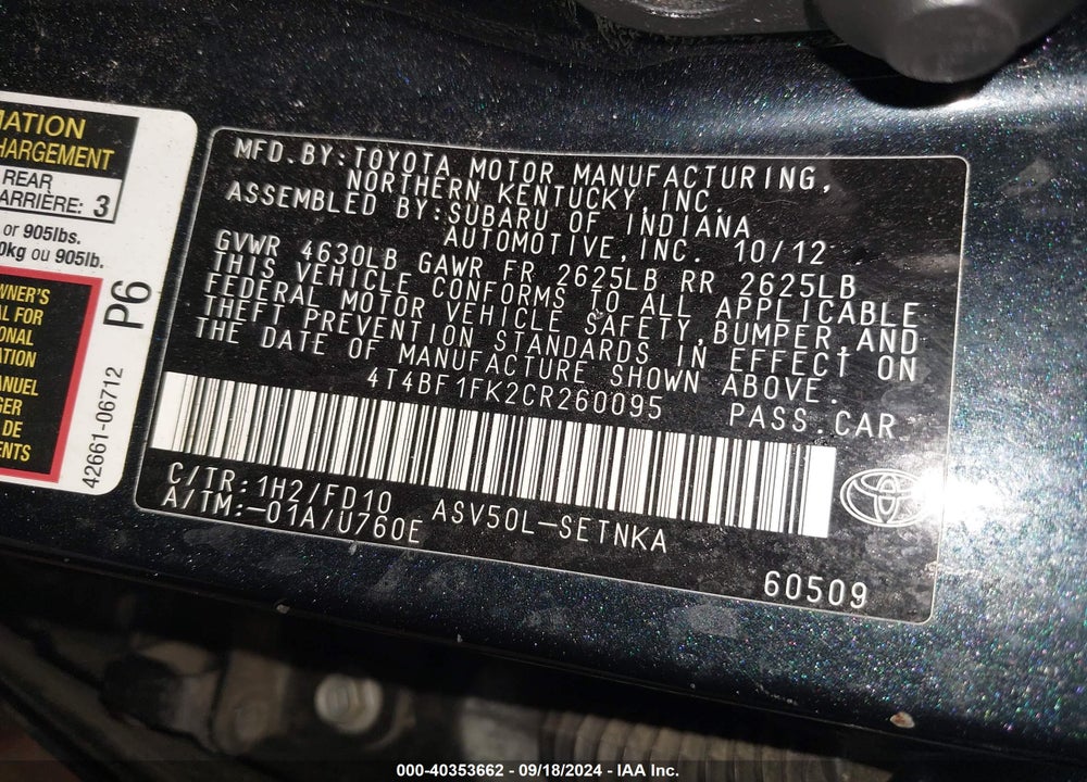 2012 TOYOTA CAMRY LE VIN: 4T4BF1FK2CR260095