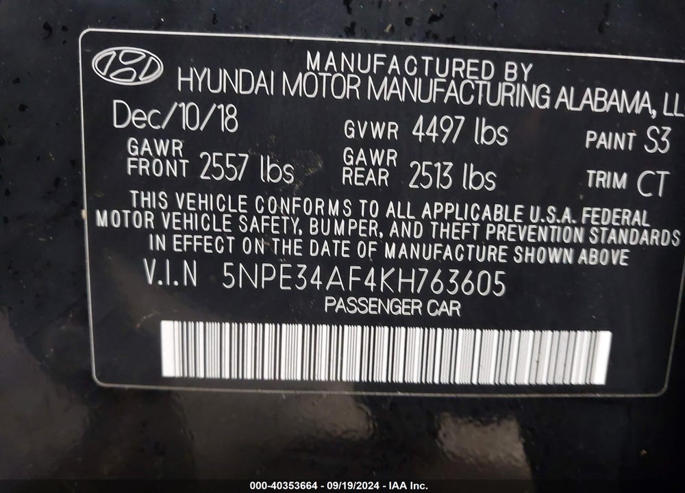 2019 HYUNDAI SONATA SEL VIN: 5NPE34AF4KH763605