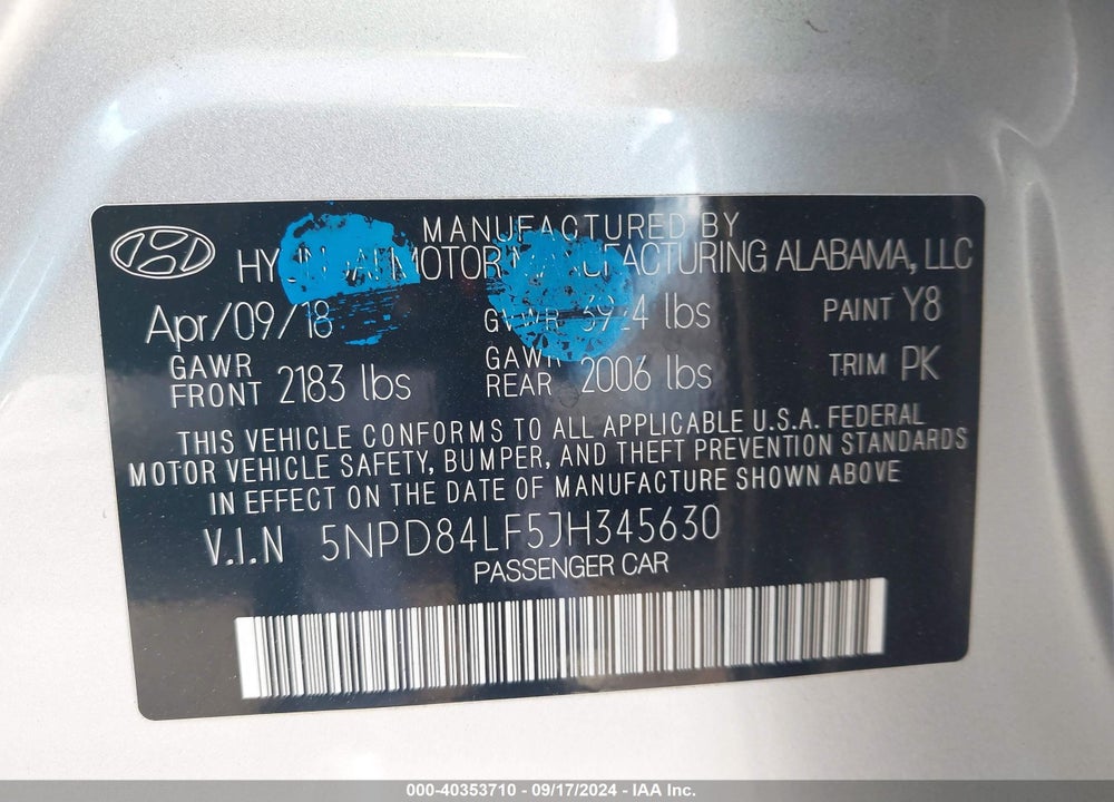 2018 HYUNDAI ELANTRA SEL VIN: 5NPD84LF5JH345630