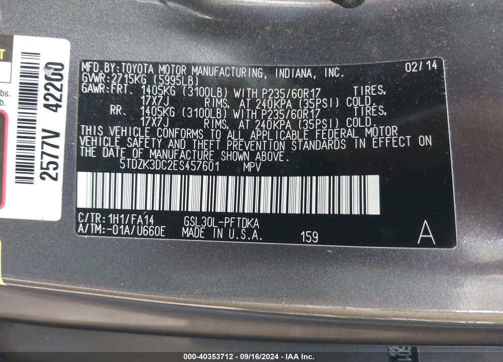 2014 TOYOTA SIENNA L V6 7 PASSENGER VIN: 5TDZK3DC2ES457601