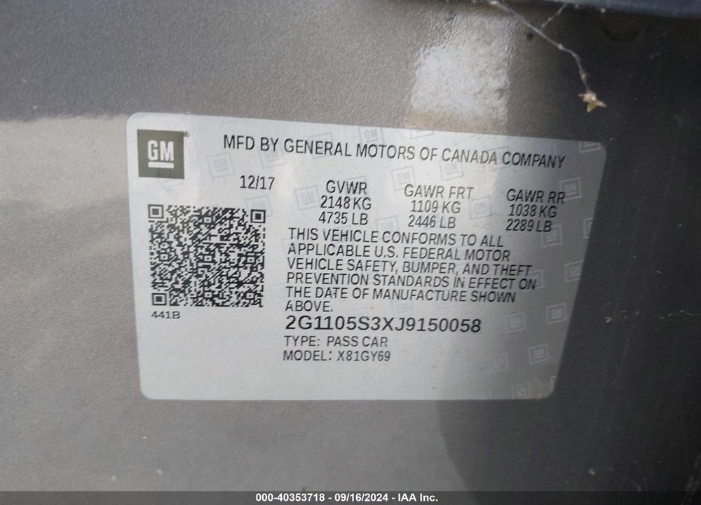 2018 CHEVY IMPALA VIN: 2G1105S3XJ9150058