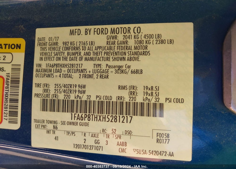 2017 FORD MUSTANG ECOBOOST VIN: 1FA6P8THXH5281217