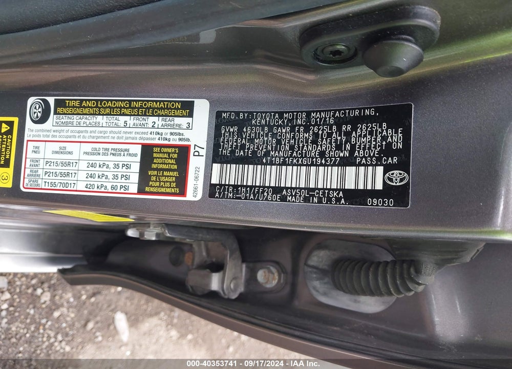 2016 TOYOTA CAMRY SE VIN: 4T1BF1FKXGU194377