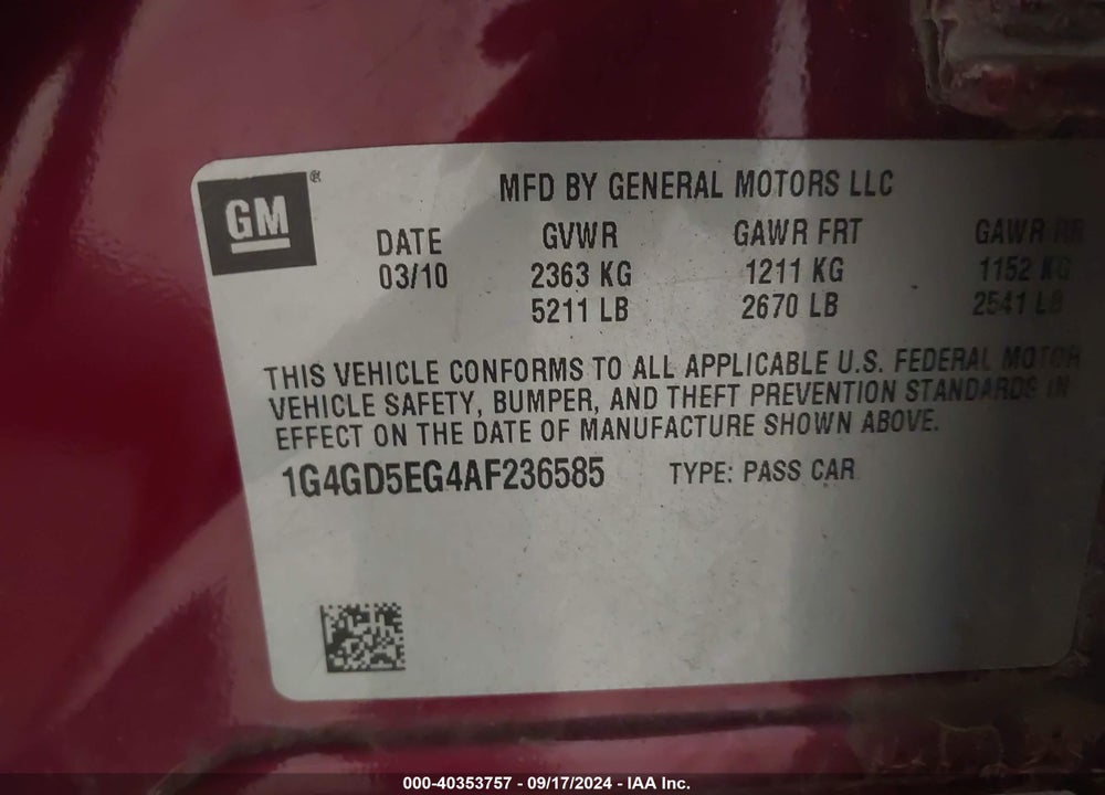 2010 BUICK LACROSSE CXL VIN: 1G4GD5EG4AF236585