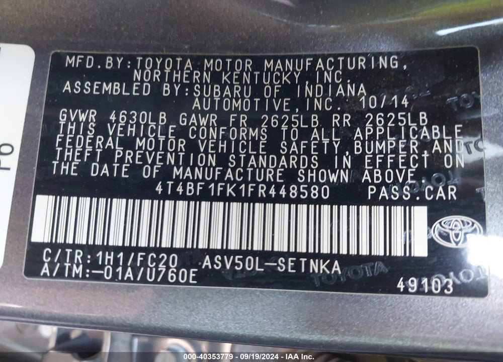 2015 TOYOTA CAMRY LE VIN: 4T4BF1FK1FR448580