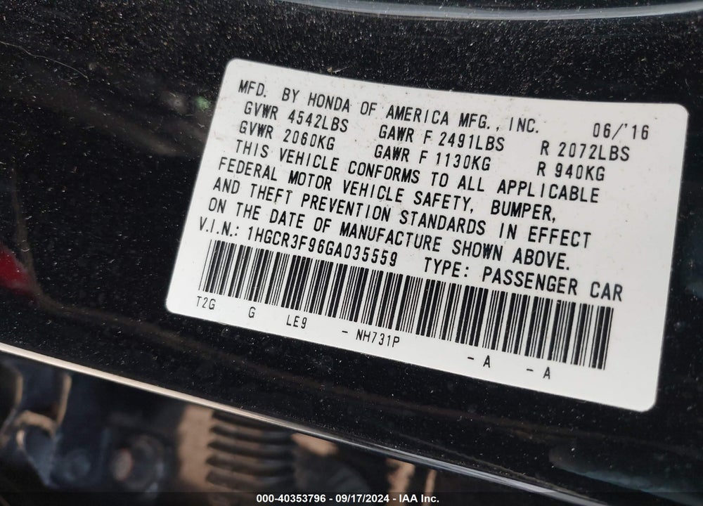 2016 HONDA ACCORD TOURING VIN: 1HGCR3F96GA035559