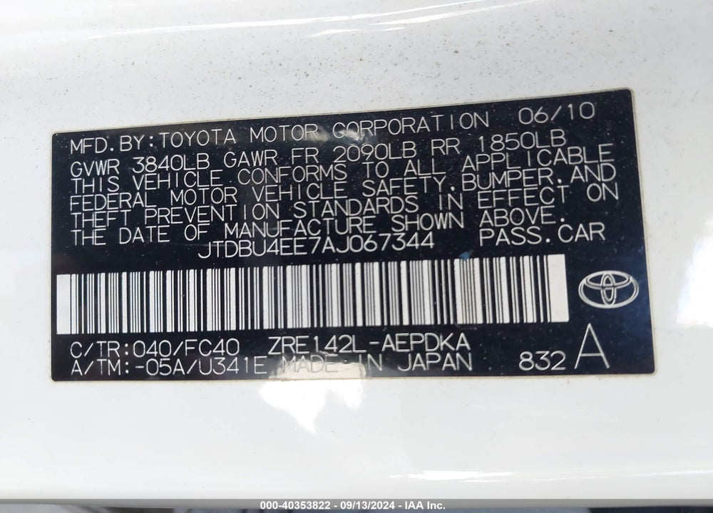 2010 TOYOTA COROLLA LE VIN: JTDBU4EE7AJ067344