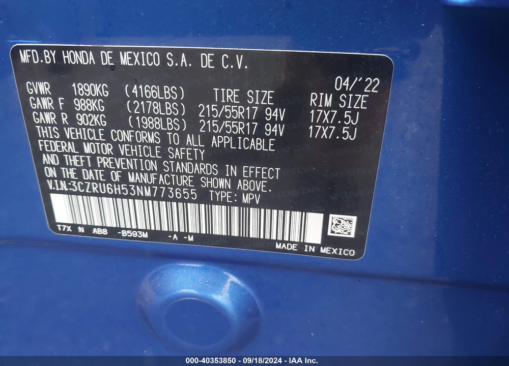 2022 HONDA HR-V AWD EX VIN: 3CZRU6H53NM773655
