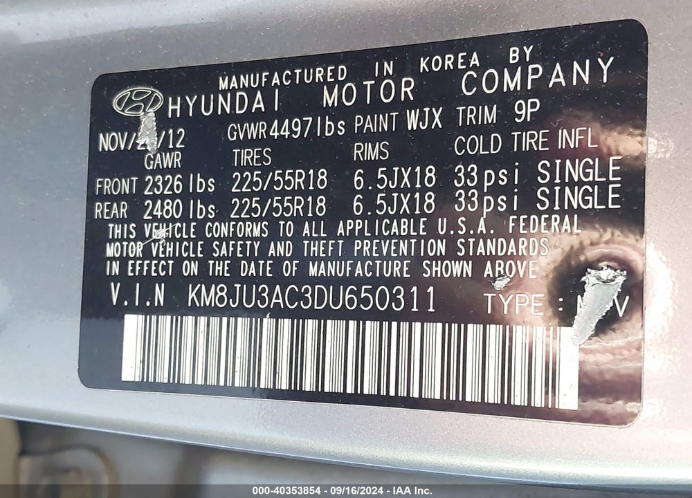 2013 HYUNDAI TUCSON LIMITED VIN: KM8JU3AC3DU650311