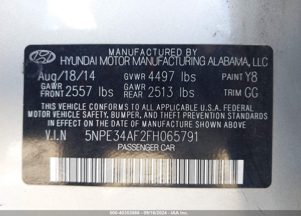 2015 HYUNDAI SONATA LIMITED VIN: 5NPE34AF2FH065791