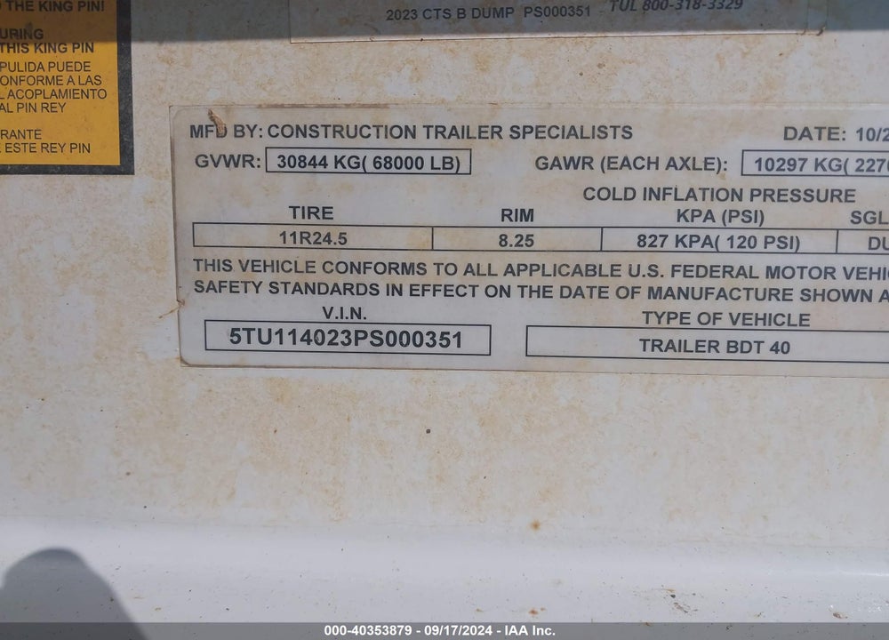 2023 CONSTRUCTION TRAILER SPEC DUMP VIN: 5TU114023PS000351