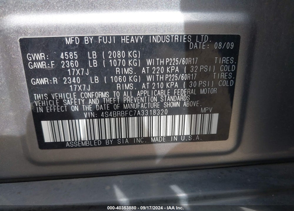 2010 SUBARU OUTBACK 2.5I PREMIUM VIN: 4S4BRBFC7A3318320