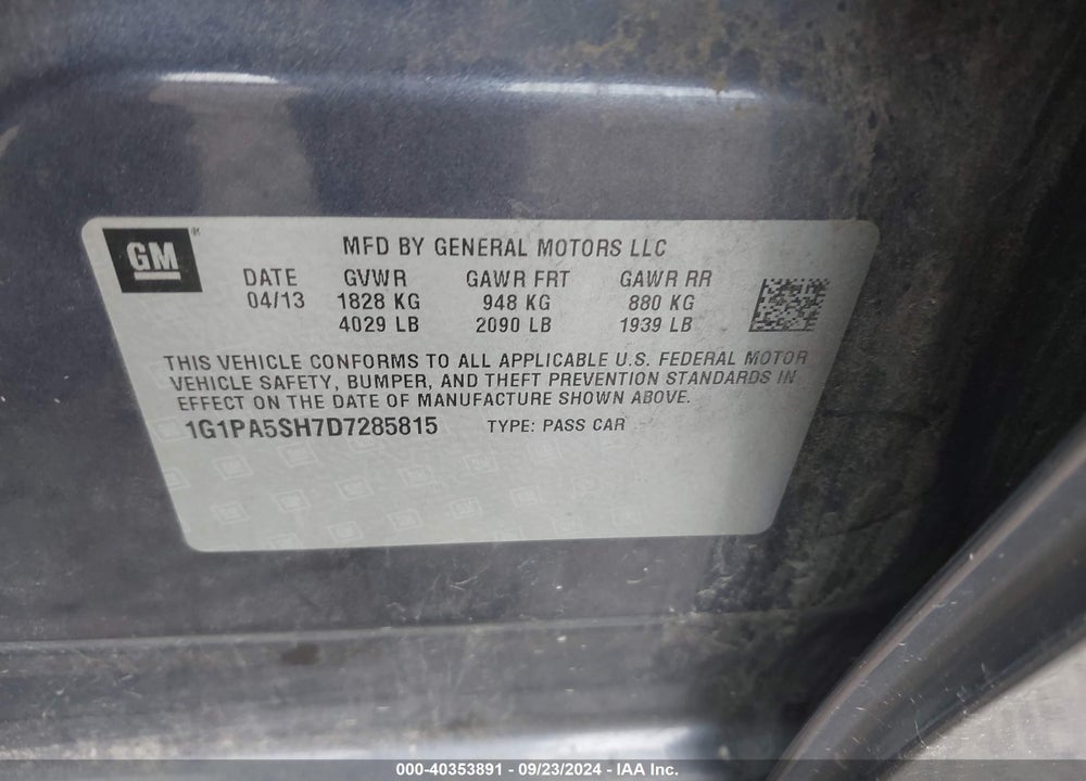 2013 CHEVROLET CRUZE LS AUTO VIN: 1G1PA5SH7D7285815