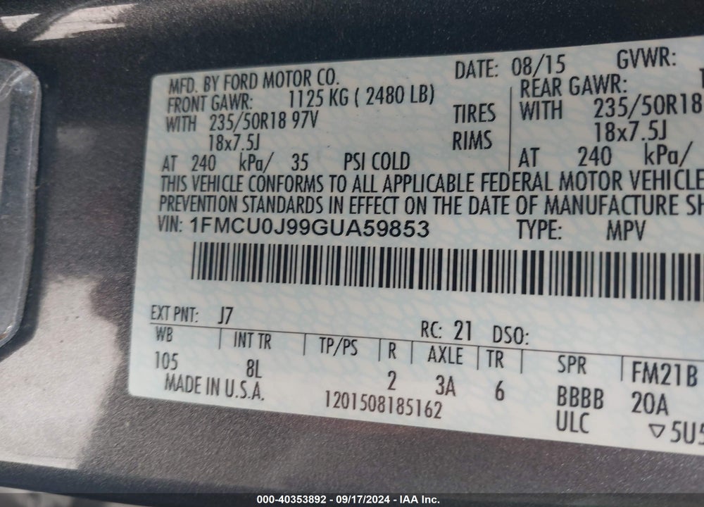 2016 FORD ESCAPE TITANIUM VIN: 1FMCU0J99GUA59853