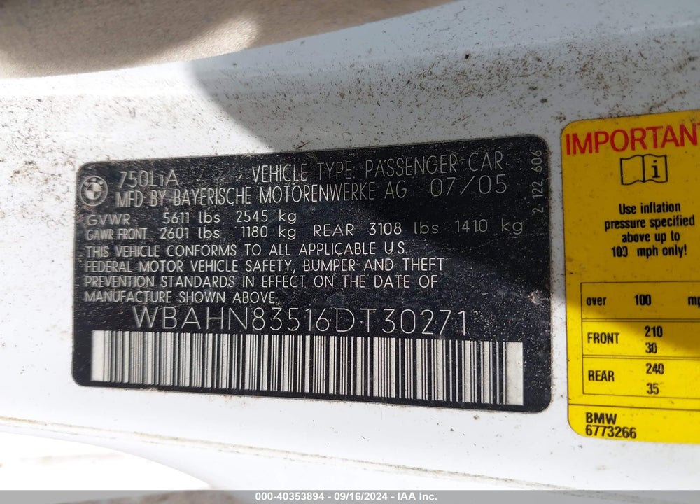 2006 BMW 750LI VIN: WBAHN83516DT30271