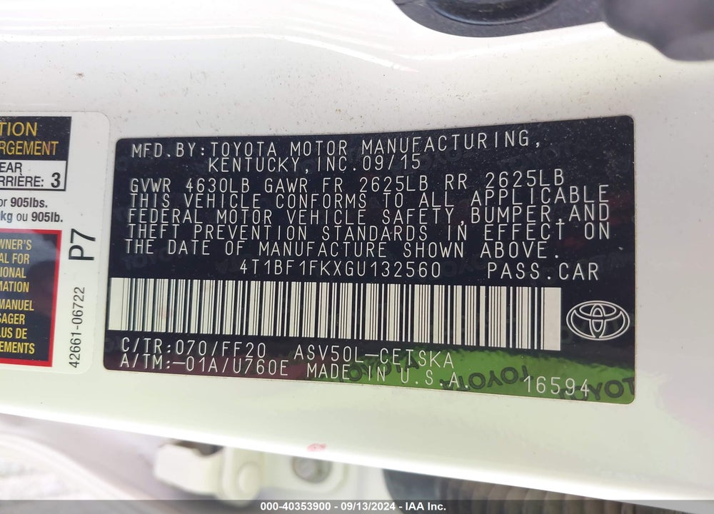 2016 TOYOTA CAMRY SE VIN: 4T1BF1FKXGU132560