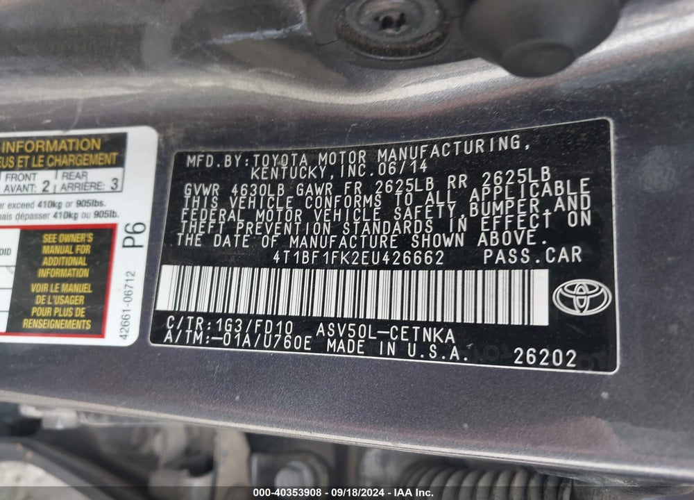 2014 TOYOTA CAMRY LE VIN: 4T1BF1FK2EU426662