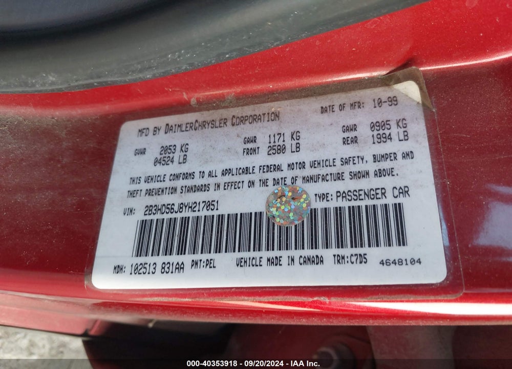 2000 DODGE INTREPID ES VIN: 2B3HD56J8YH217051