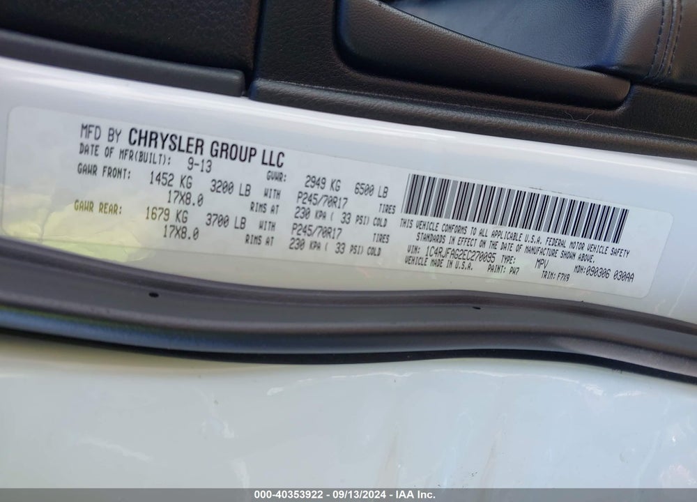 2014 JEEP GRAND CHEROKEE LAREDO VIN: 1C4RJFAG2EC270095
