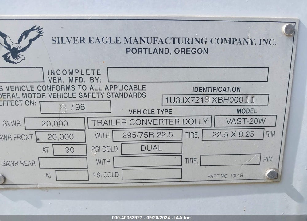 1999 SILVER EAGLE MFG CO --- VIN: 1U3JX7219XBH00011
