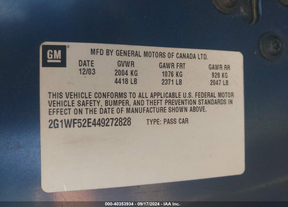 2004 CHEVROLET IMPALA VIN: 2G1WF52E449272828