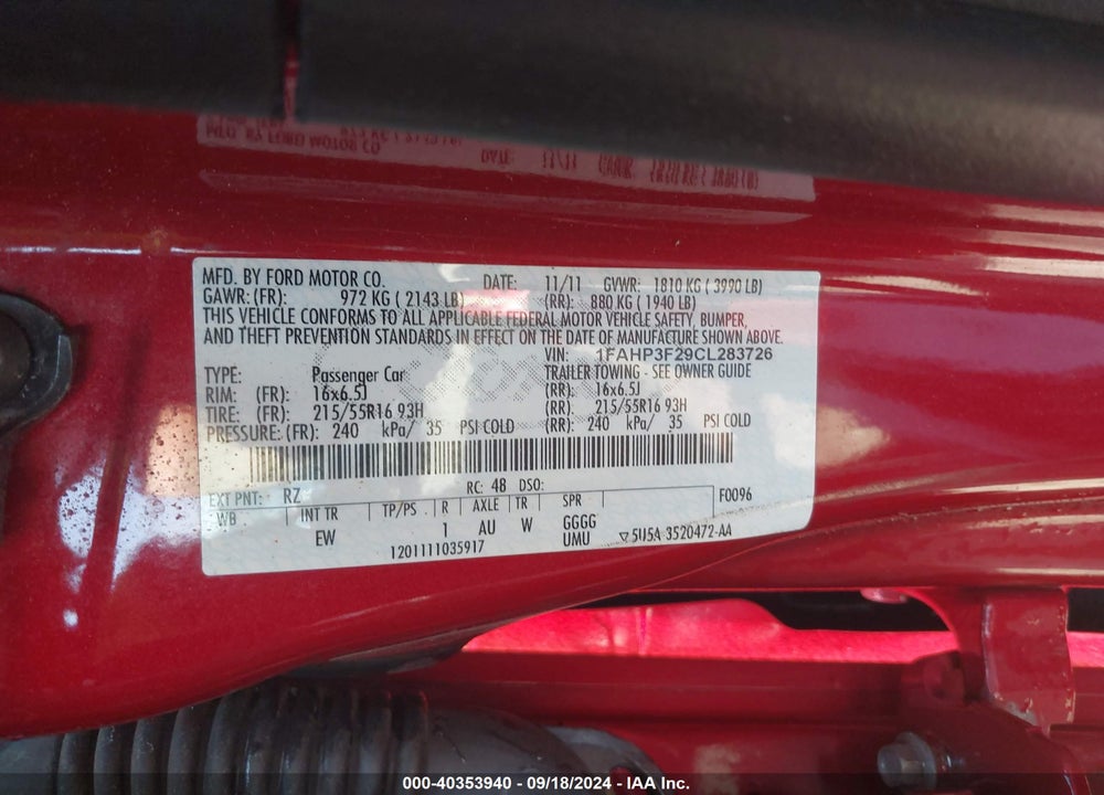 2012 FORD FOCUS SE VIN: 1FAHP3F29CL283726