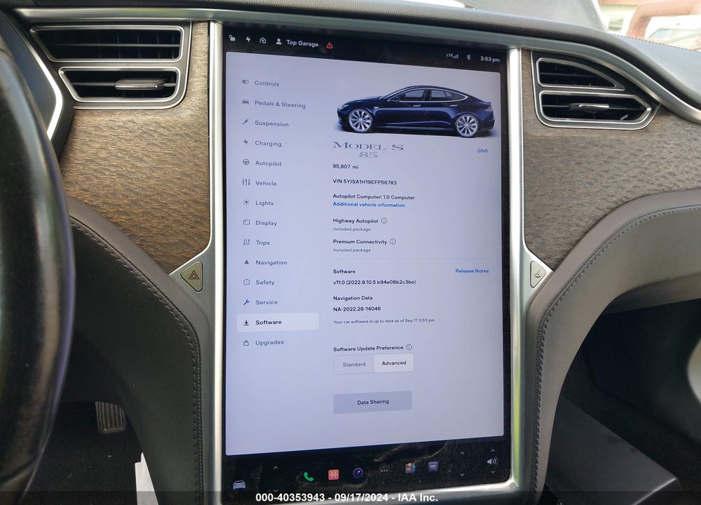 2014 TESLA MODEL S P85 VIN: 5YJSA1H19EFP56783