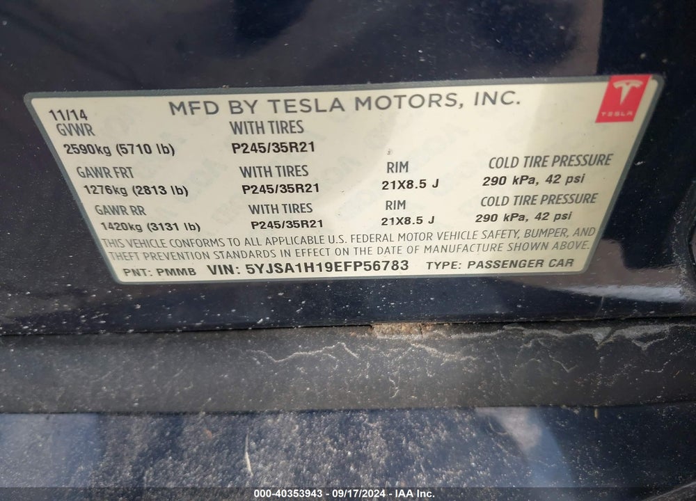 2014 TESLA MODEL S P85 VIN: 5YJSA1H19EFP56783