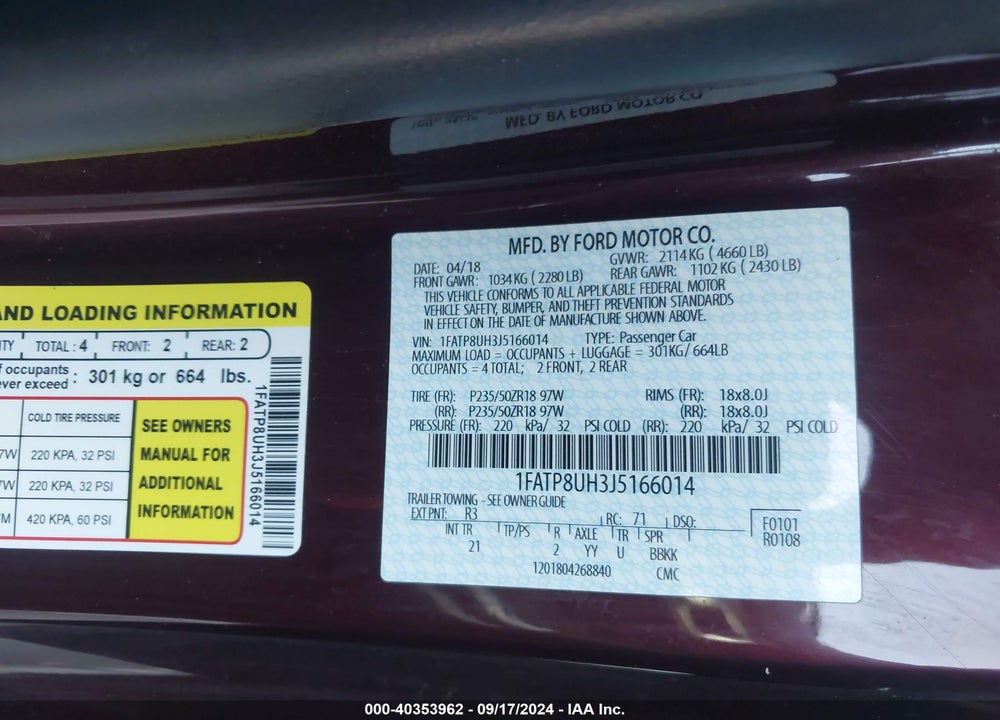 2018 FORD MUSTANG ECOBOOST VIN: 1FATP8UH3J5166014