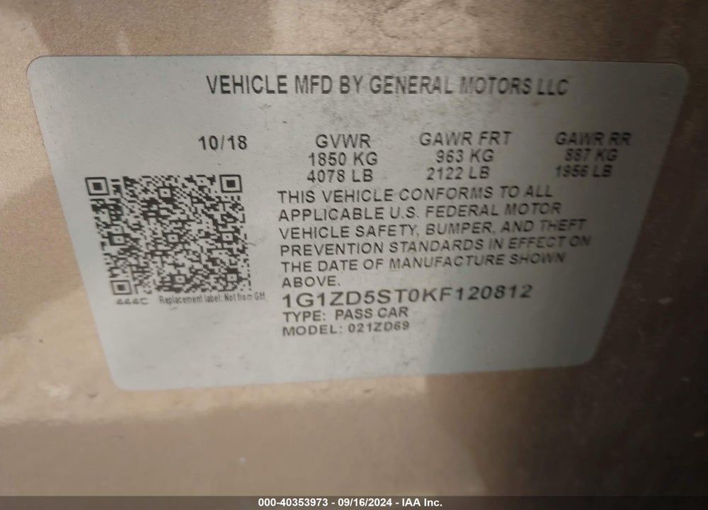 2019 CHEVROLET MALIBU LT VIN: 1G1ZD5ST0KF120812