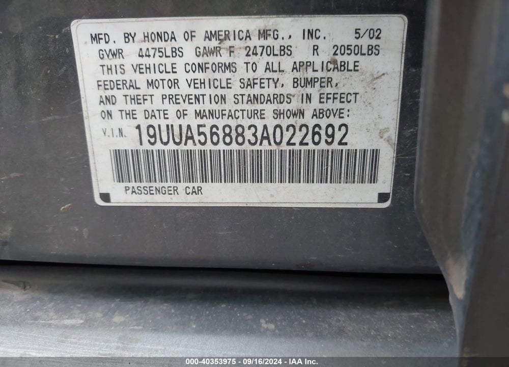 2003 ACURA TL 3.2 TYPE S VIN: 19UUA56883A022692