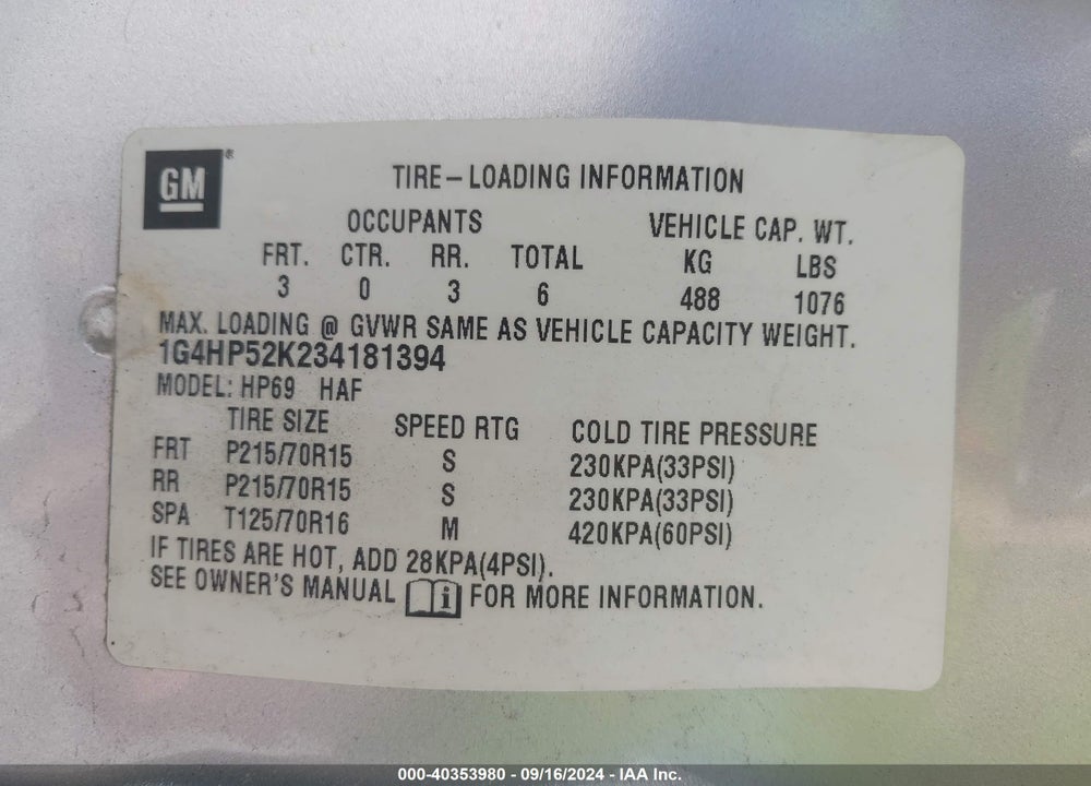 2003 BUICK LESABRE VIN: 1G4HP52K234181394