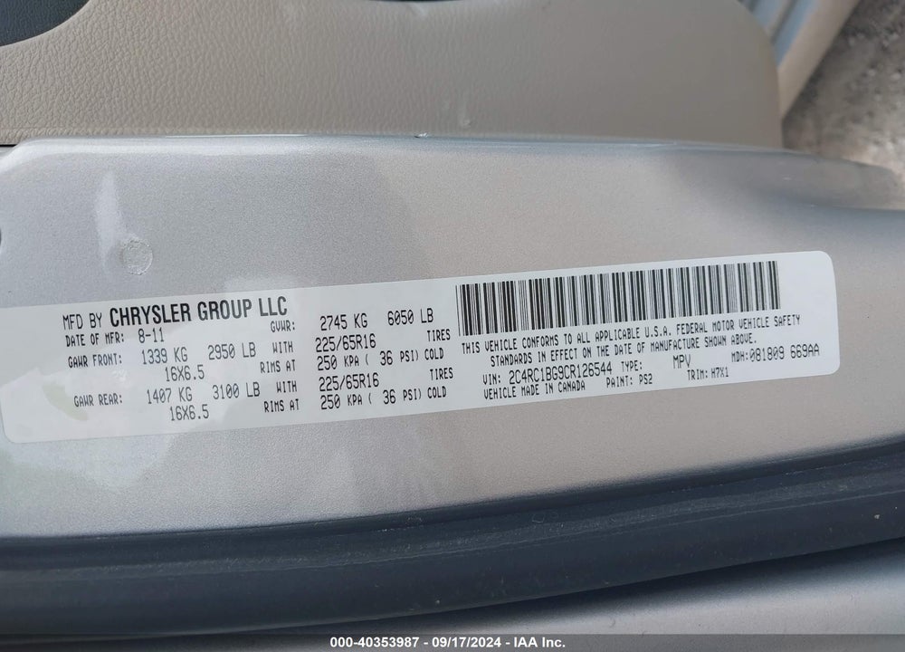 2012 CHRYSLER TOWN & COUNTRY TOURING VIN: 2C4RC1BG9CR126544