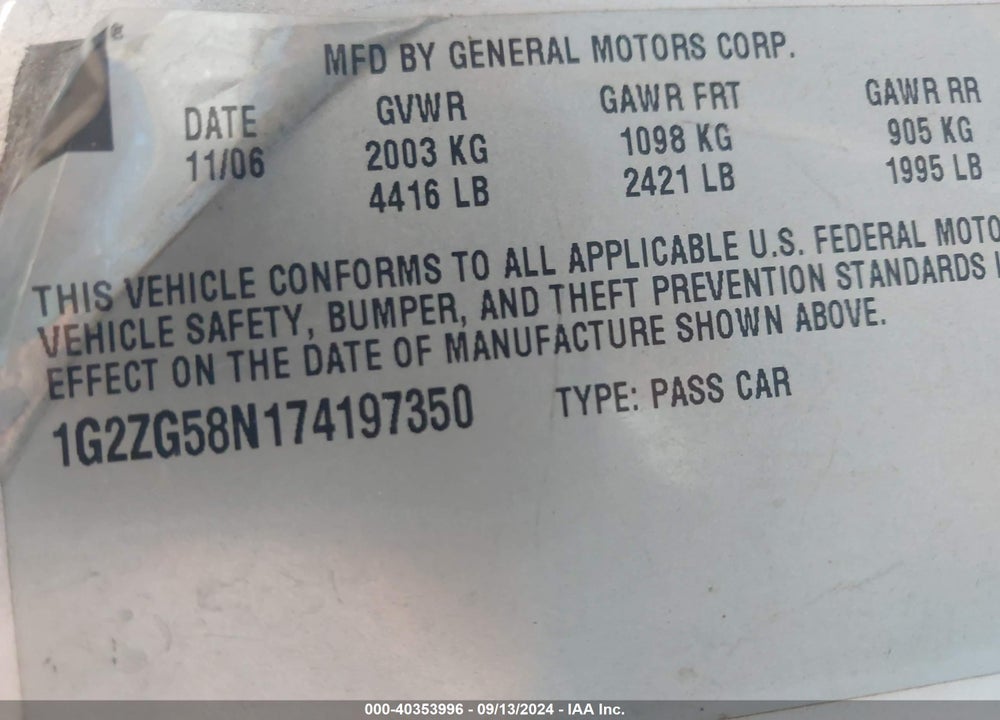 2007 PONTIAC G6 VIN: 1G2ZG58N174197350