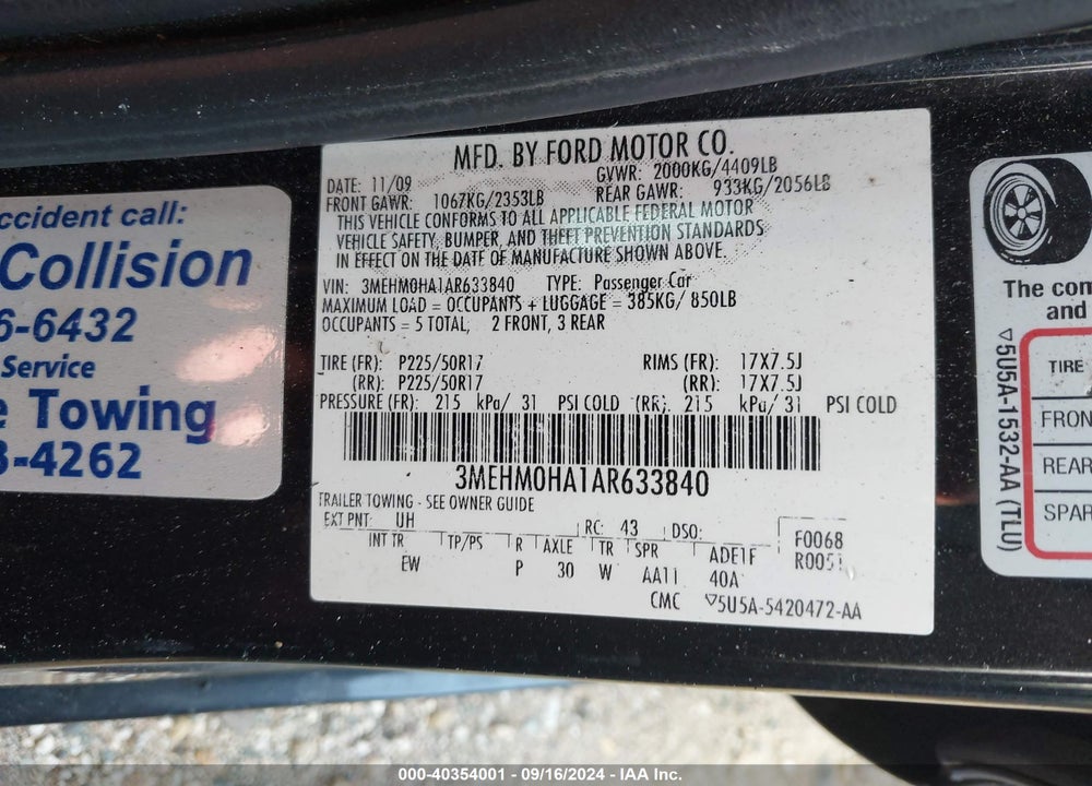 2010 MERCURY MILAN VIN: 3MEHM0HA1AR633840