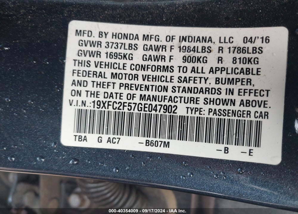 2016 HONDA CIVIC LX VIN: 19XFC2F57GE047902