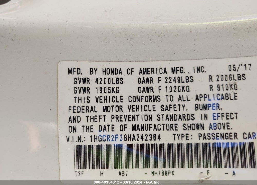 2017 HONDA ACCORD LX VIN: 1HGCR2F38HA242364