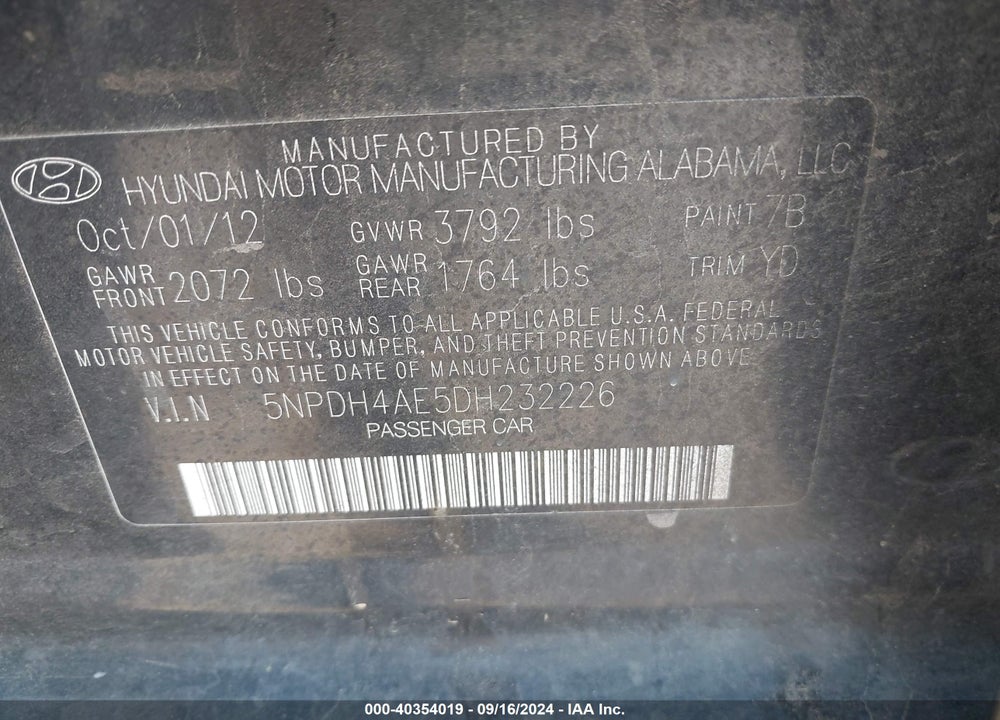 2013 HYUNDAI ELANTRA LIMITED VIN: 5NPDH4AE5DH232226
