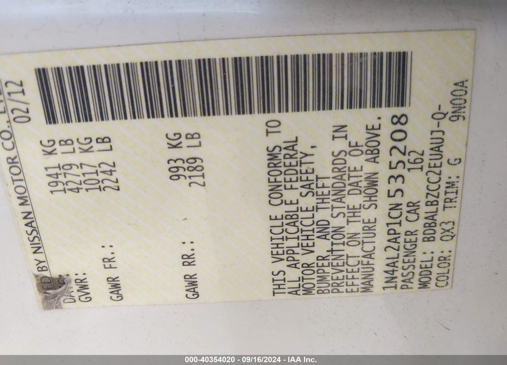 2012 NISSAN ALTIMA 2.5 S VIN: 1N4AL2AP1CN535208