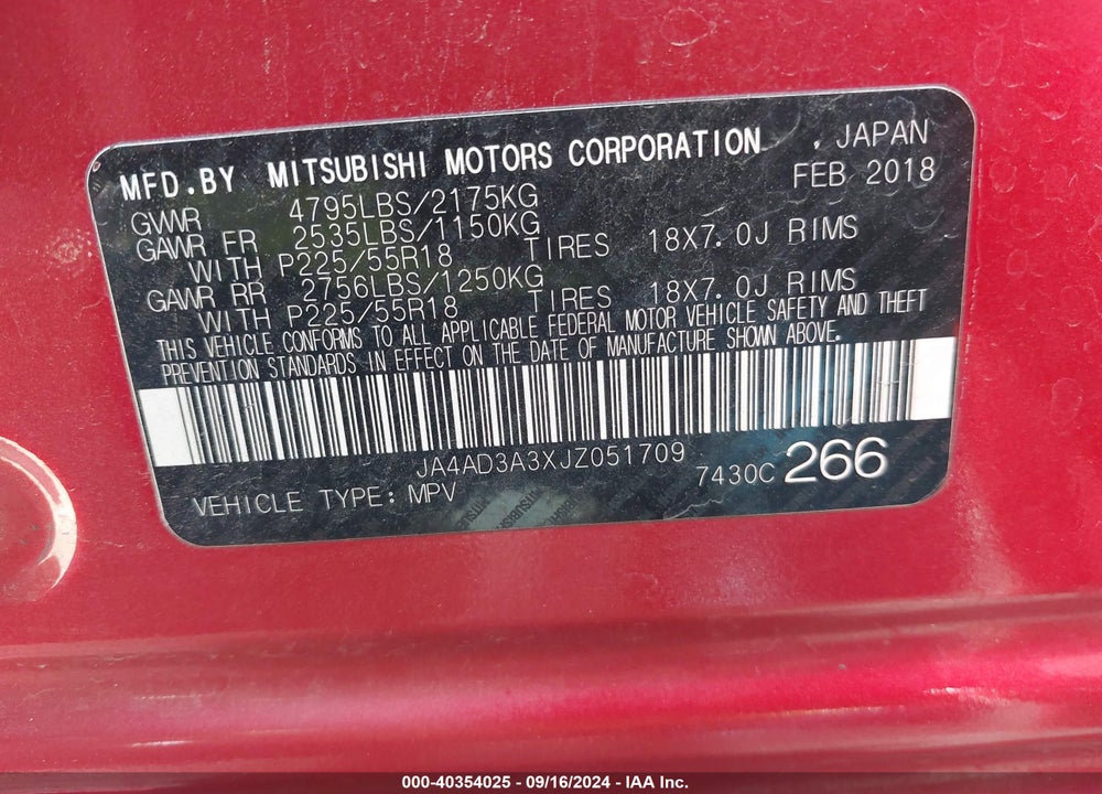 2018 MITSUBISHI OUTLANDER SE VIN: JA4AD3A3XJZ051709