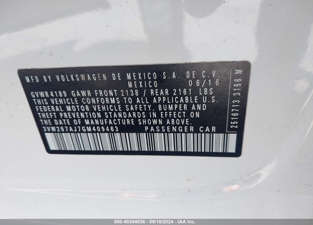 2016 VOLKSWAGEN JETTA 1.4T S VIN: 3VW267AJ7GM409463