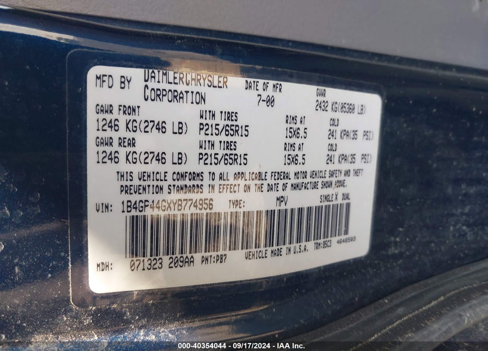 2000 DODGE GRAND CARAVAN SE VIN: 1B4GP44GXYB774956