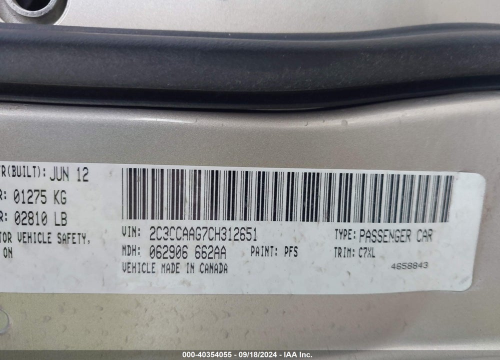 2012 CHRYSLER 300 VIN: 2C3CCAAG7CH312651
